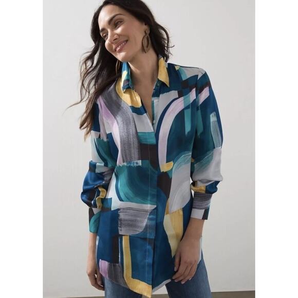Chicos Woman’s XL 16/18 Abstract Print Button Front Long Sleeve Top Tunic Art - Picture 3 of 12